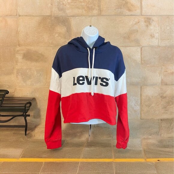 Levis Womens Sweatshirt Small Colorblock Hoodie Red White Navy Cotton Sportswear - Picture 1 of 10